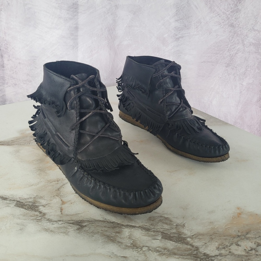 Allsaints Size 40 Women's Fringe Moccasin Ankle Boots Black Crepe Sole
